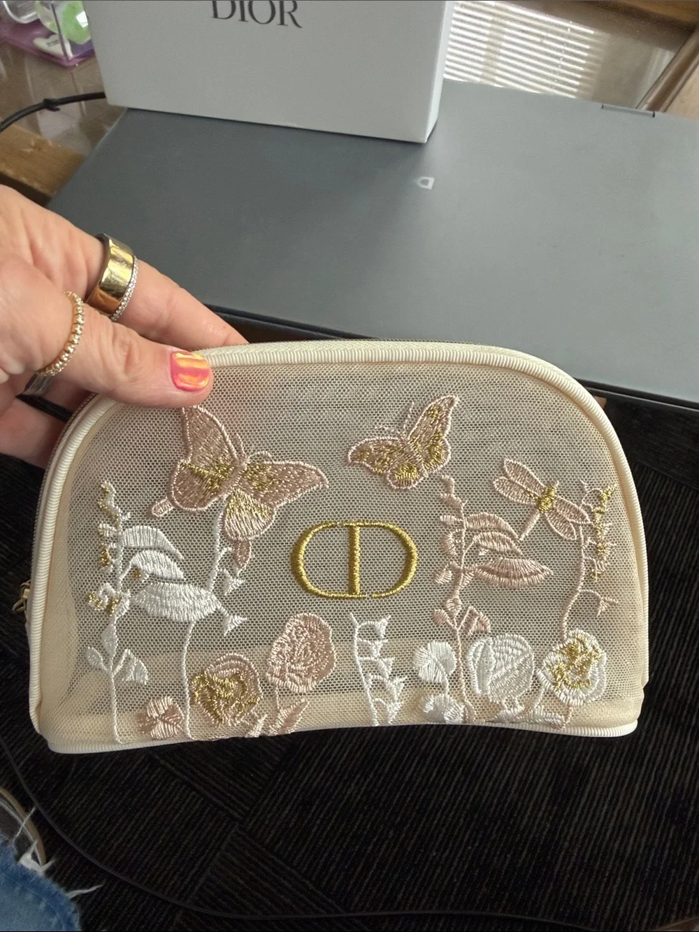 Dior Beige Floral & Butterfly Embroidered Cosmetic Pouch and gift box